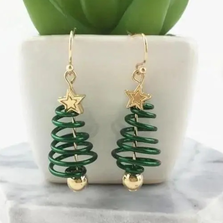 Festive Gold And Green Spiral Tree Earrings